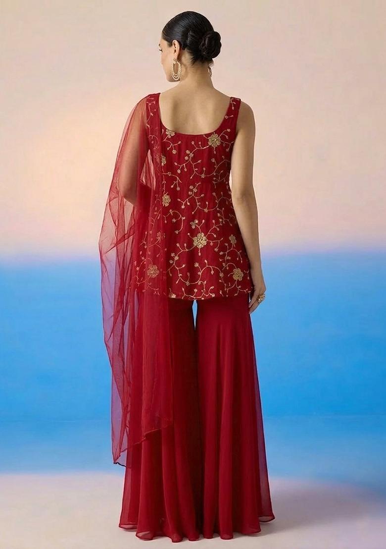 Crimson Red Embroidered Crepe Sharara Set - Indya