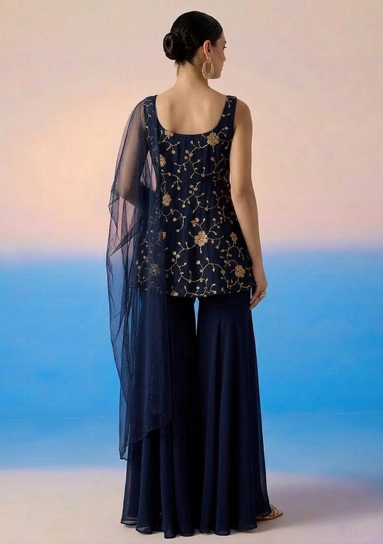 Midnight Blue Embroidered Crepe Sharara Set - Indya