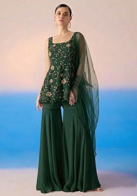 Rifle Green Embroidered Crepe Sharara Set