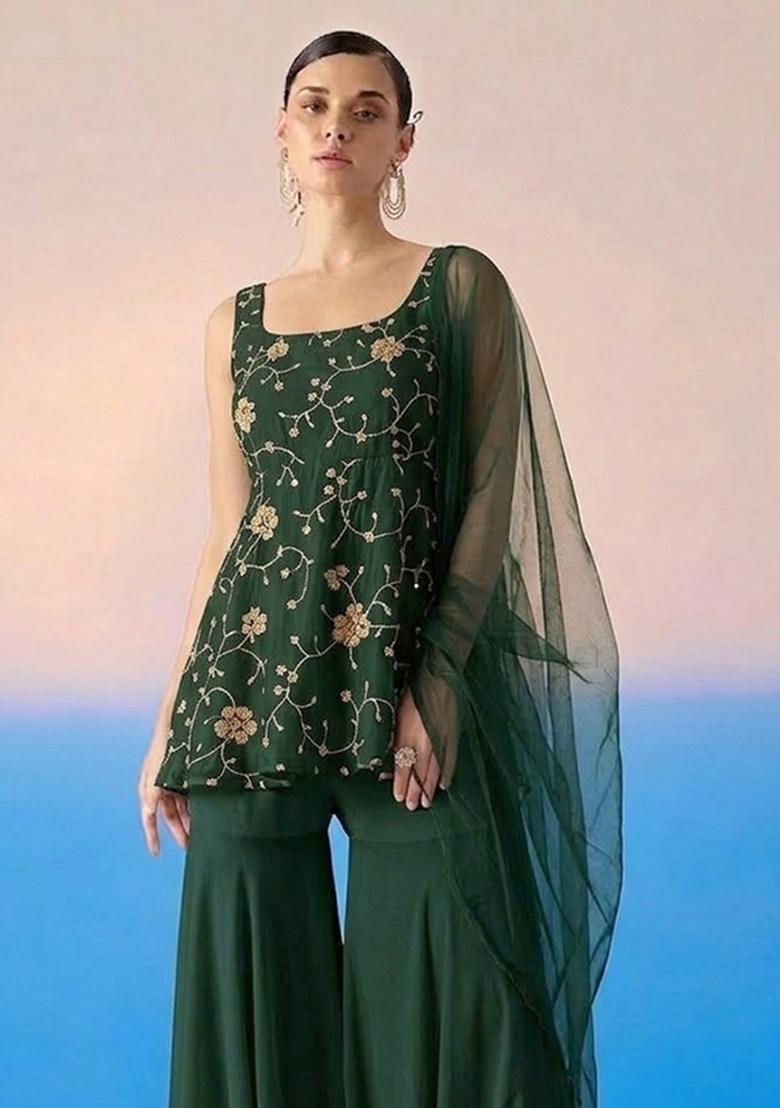 Rifle Green Embroidered Crepe Sharara Set - Indya