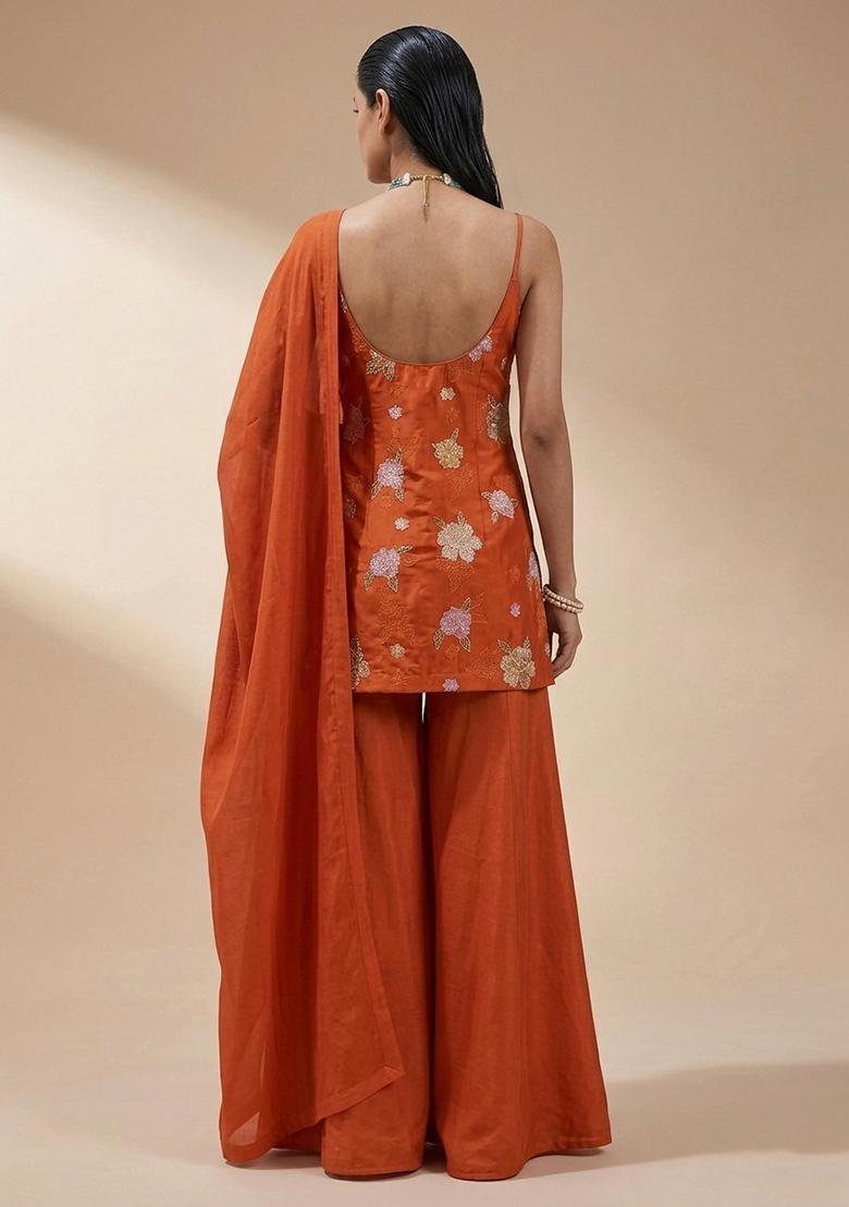 Rust Orange Embroidered Chanderi Sharara Set - Indya