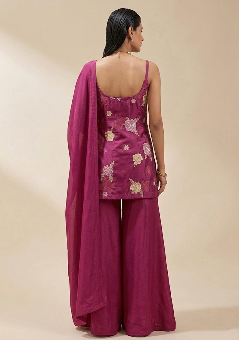 Rani Pink Embroidered Chanderi Sharara Set - Indya