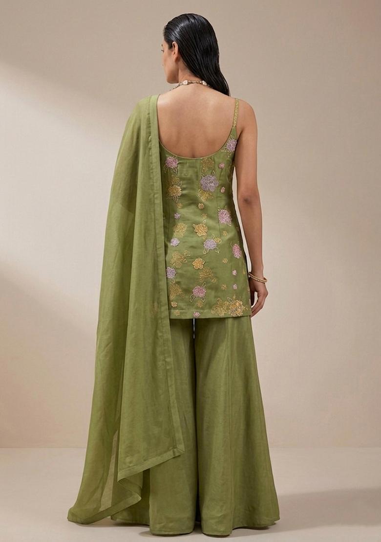 Olive Green Embroidered Chanderi Sharara Set - Indya