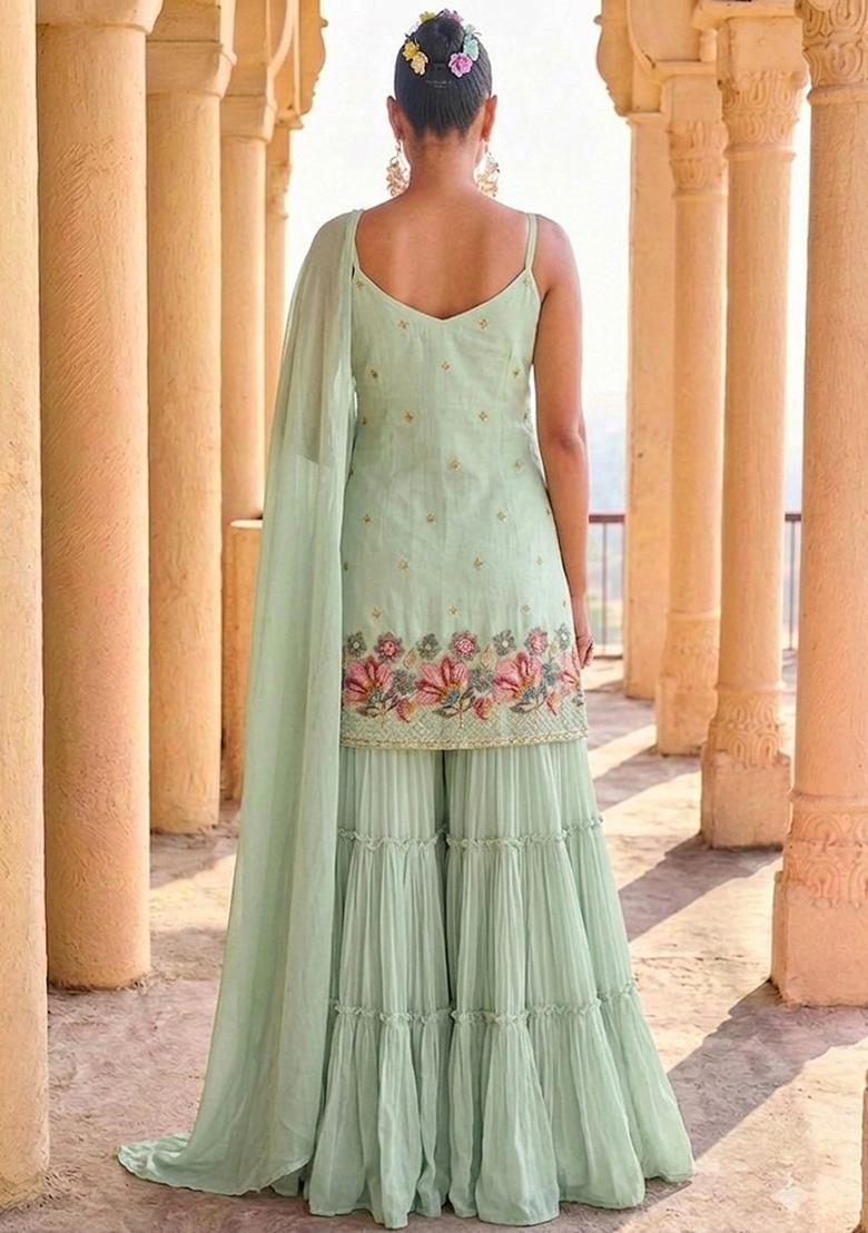 Mint Embroidered Crepe Sharara Set - Indya