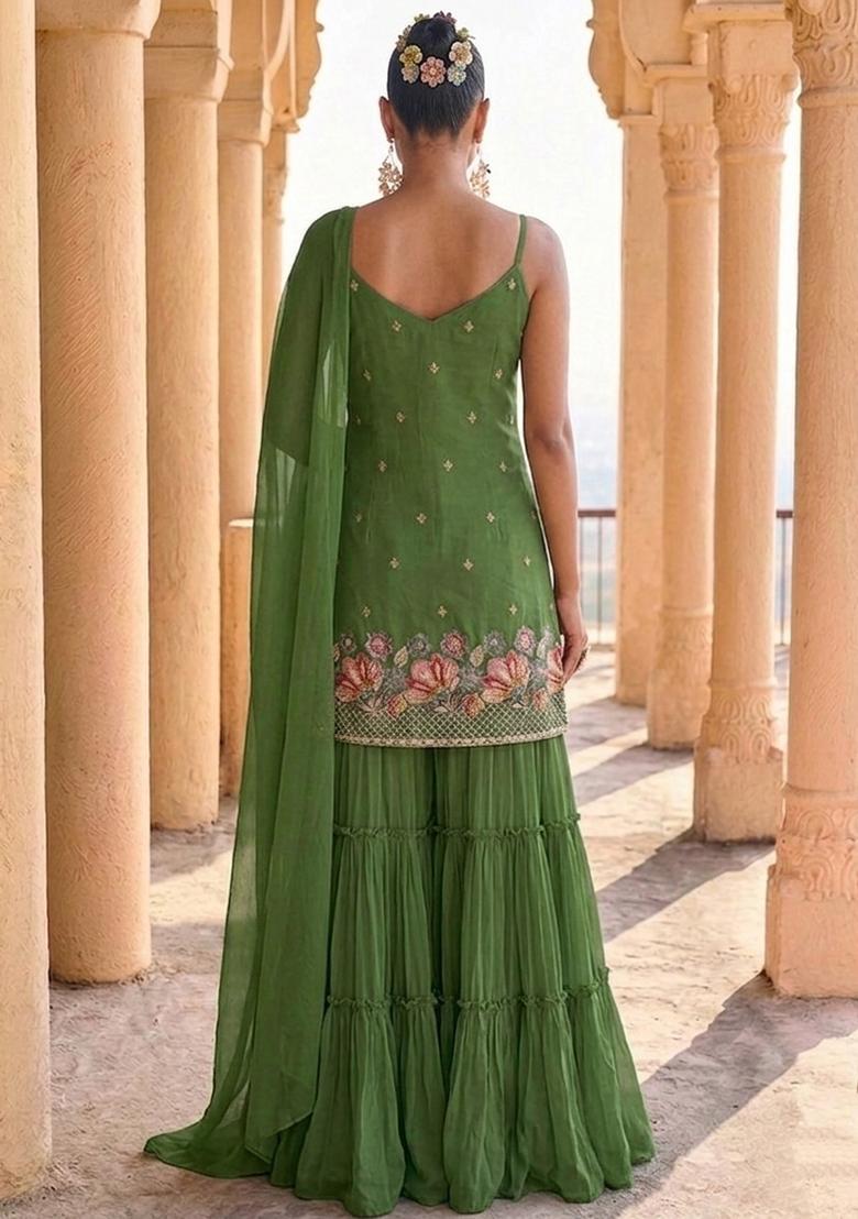 Leaf Embroidered Crepe Sharara Set - Indya
