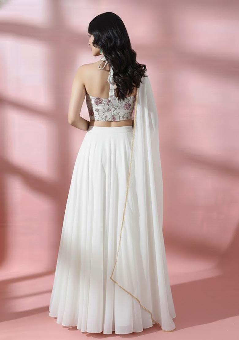 White Embroidered Chanderi Lehenga Set - Indya