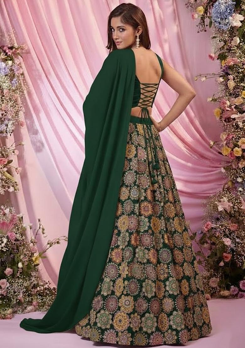 Green Embroidered Crepe Lehenga Set - Indya