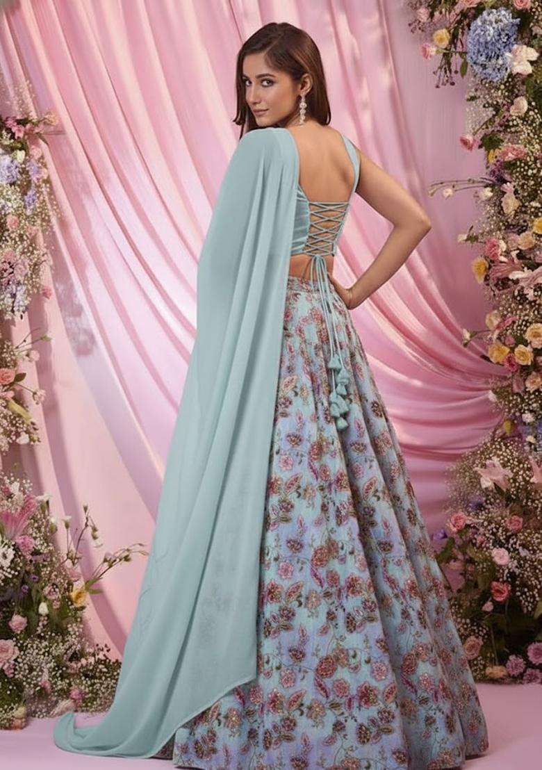Light Blue Embroidered Crepe Lehenga Set - Indya
