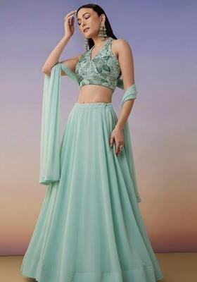 Mint Embroidered Crepe Lehenga Set