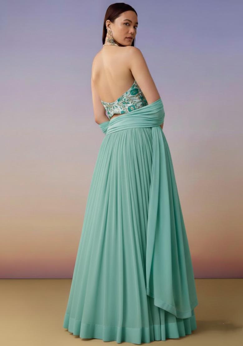 Mint Embroidered Crepe Lehenga Set - Indya