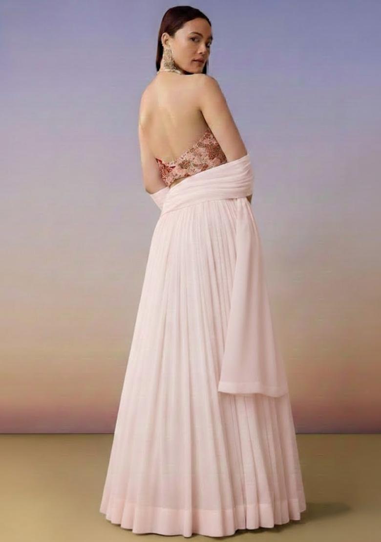 Light Pink Embroidered Crepe Lehenga Set - Indya