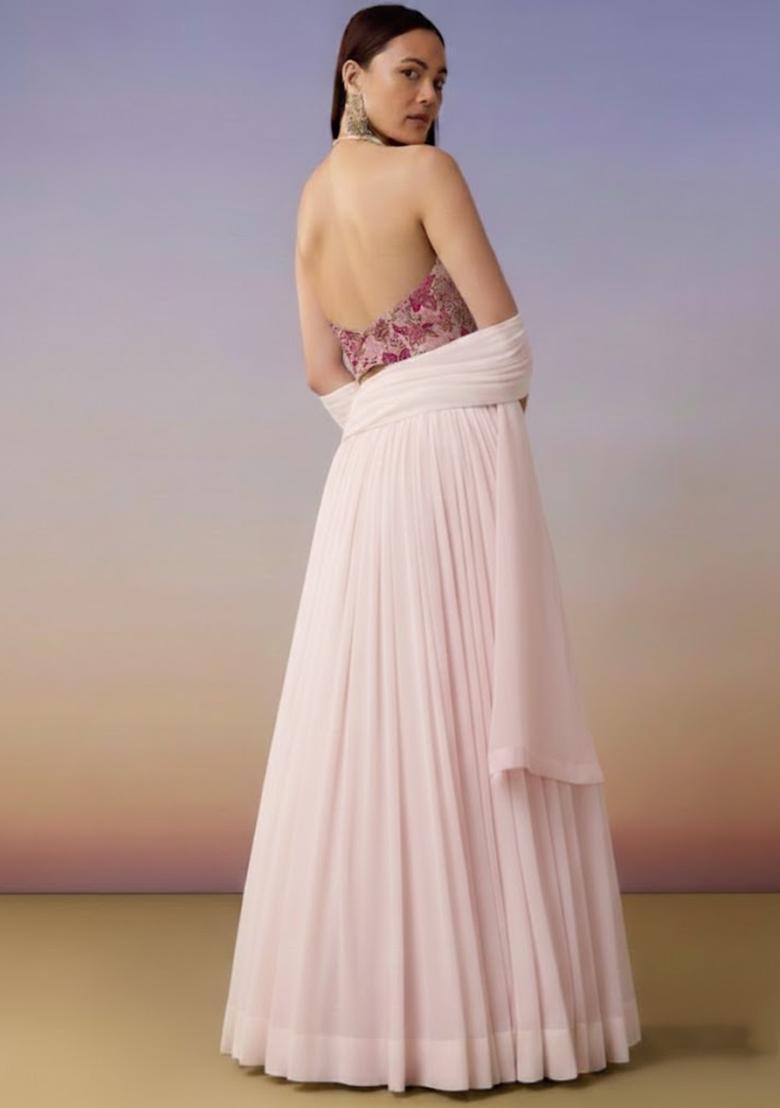 Light Pink Embroidered Crepe Lehenga Set - Indya
