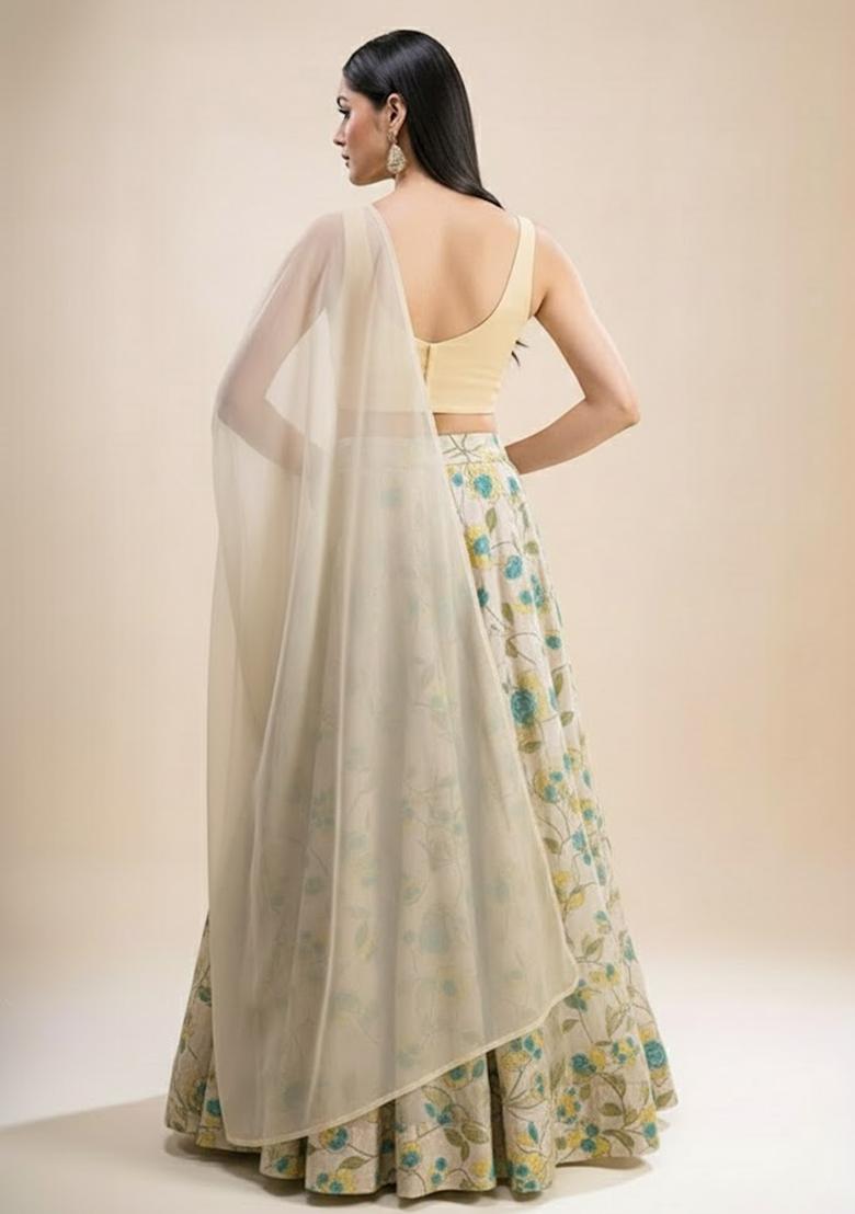 Cream Embroidered Organza Lehenga Set - Indya