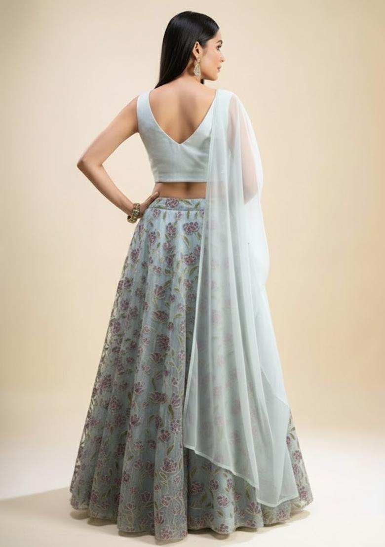 Light Blue Embroidered Organza Lehenga Set - Indya