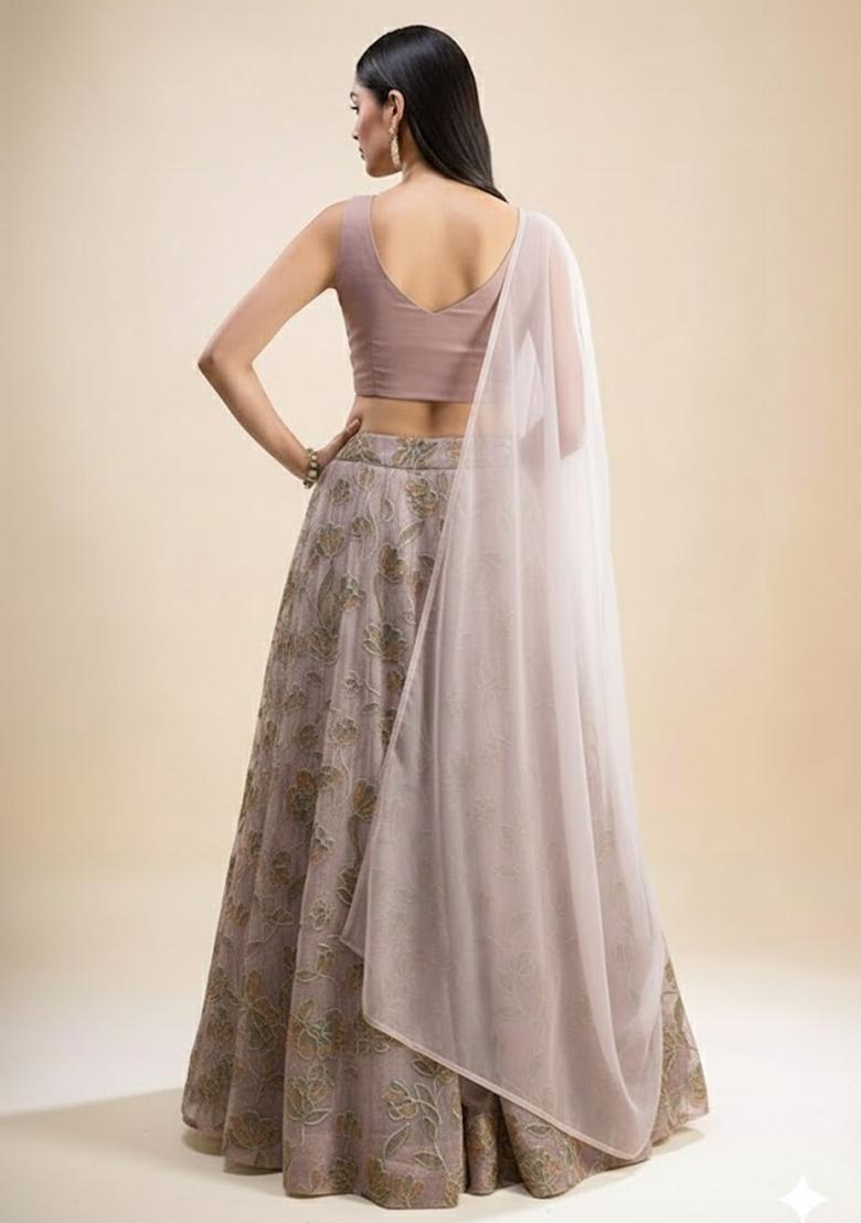 Mauve Embroidered Organza Lehenga Set - Indya