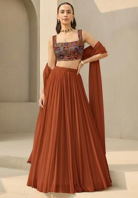 Rust Orange Printed Crepe Lehenga Set