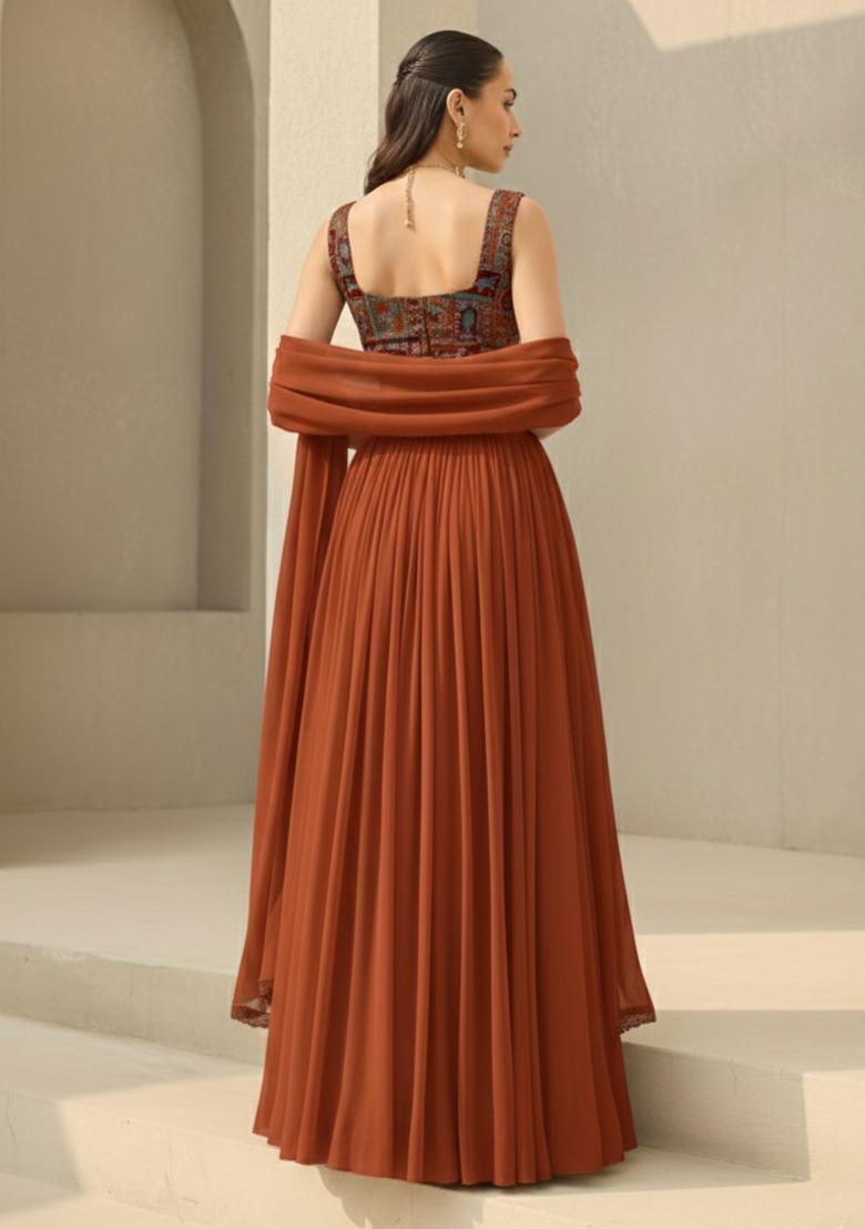 Rust Orange Printed Crepe Lehenga Set - Indya