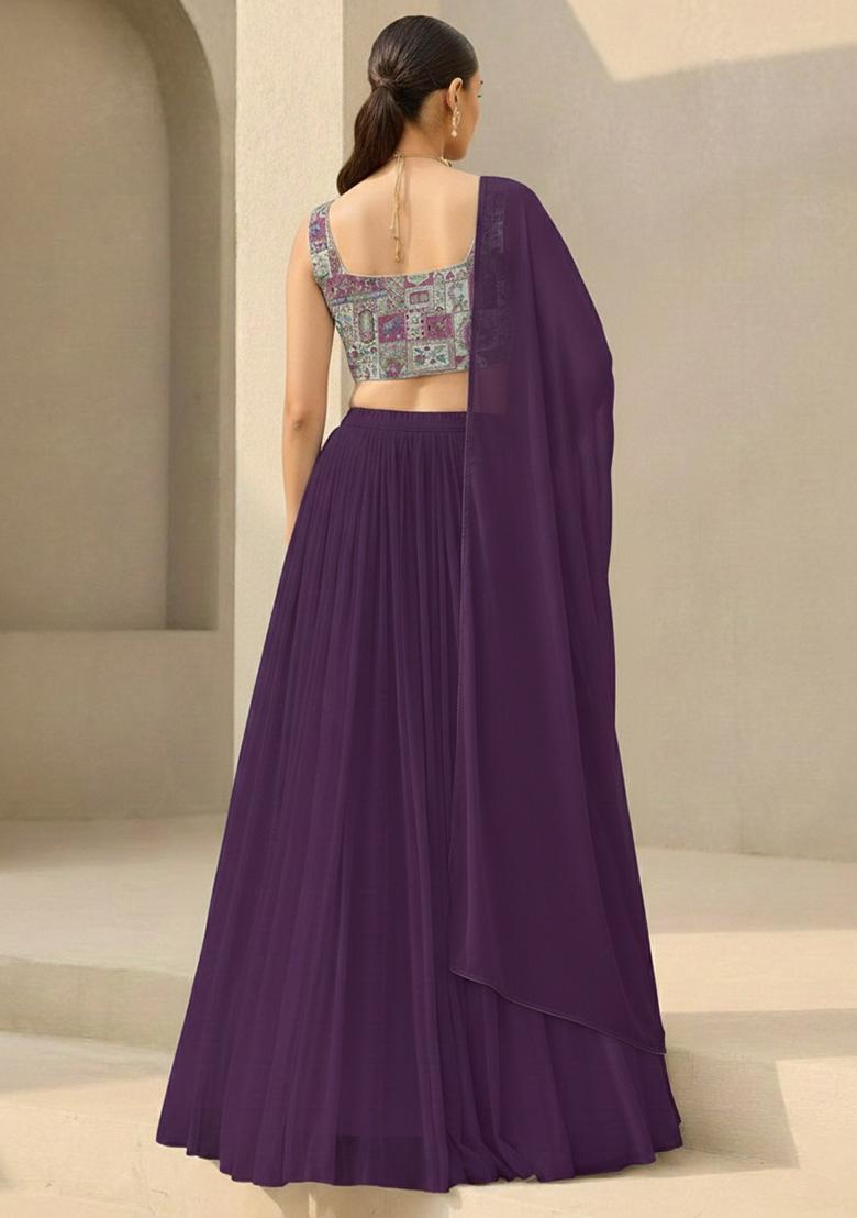 Purple Printed Crepe Lehenga Set - Indya