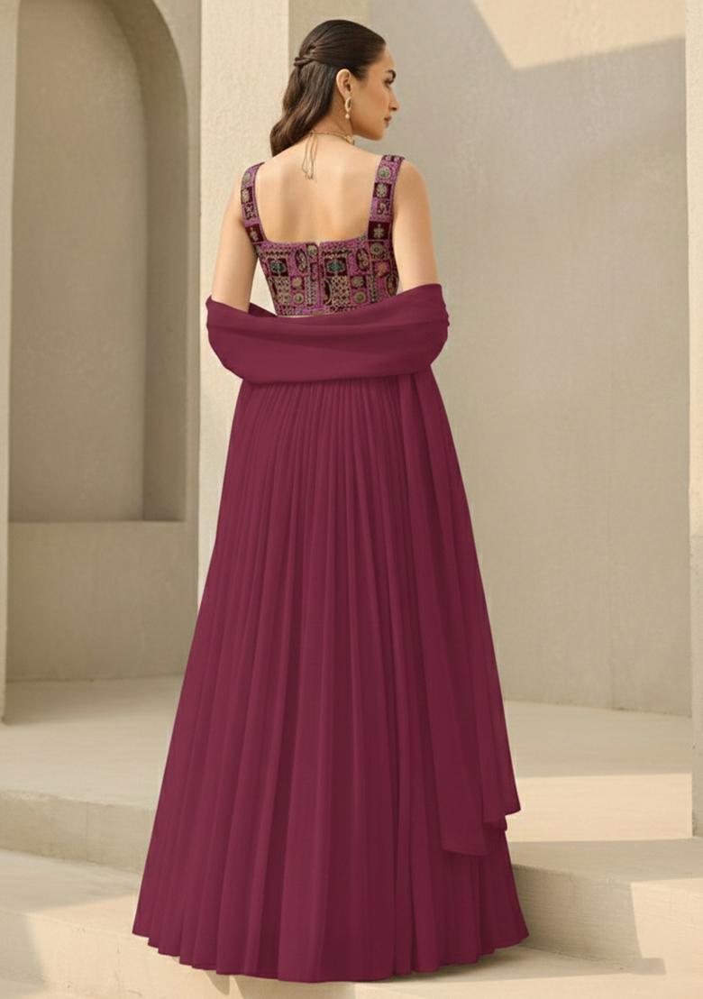 Deep Wine Printed Crepe Lehenga Set - Indya