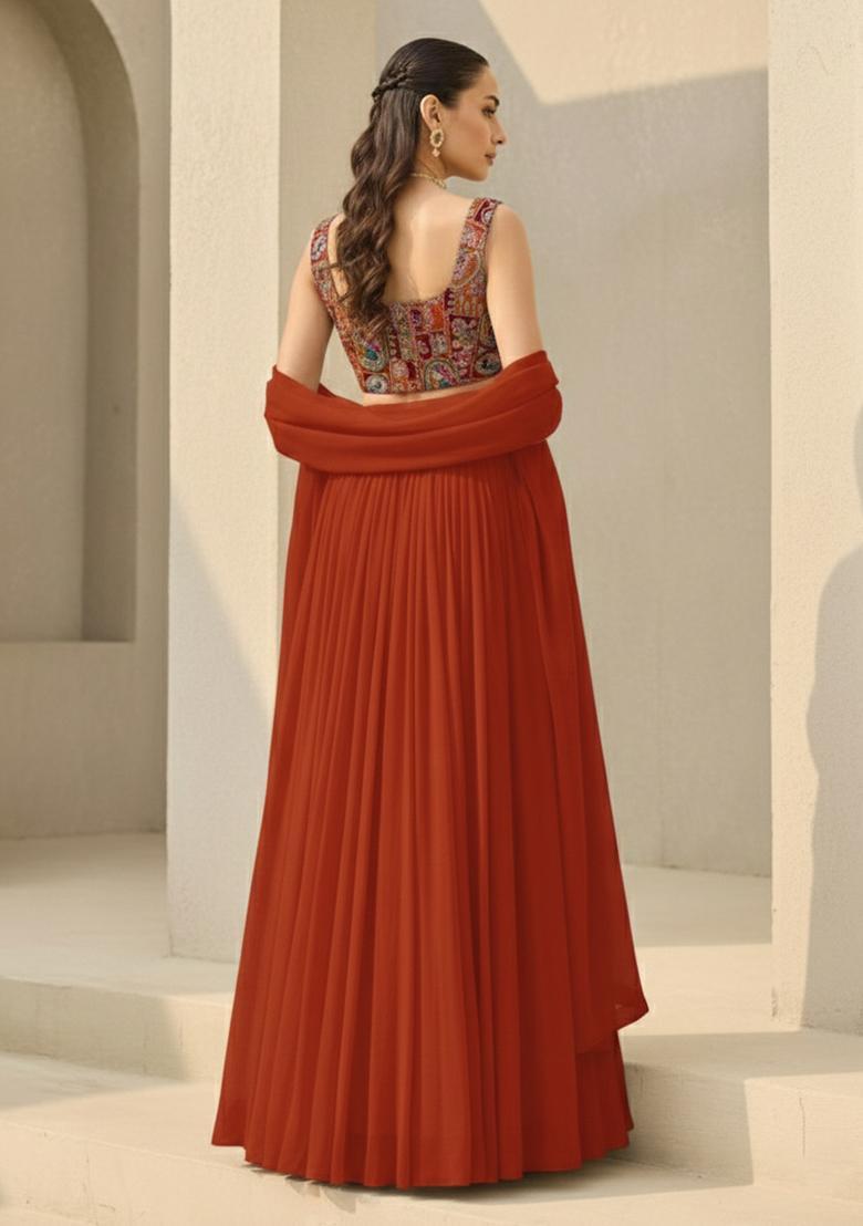 Rust Printed Crepe Lehenga Set - Indya