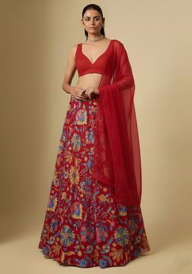Bright Red Floral Print Chinon Lehenga Set
