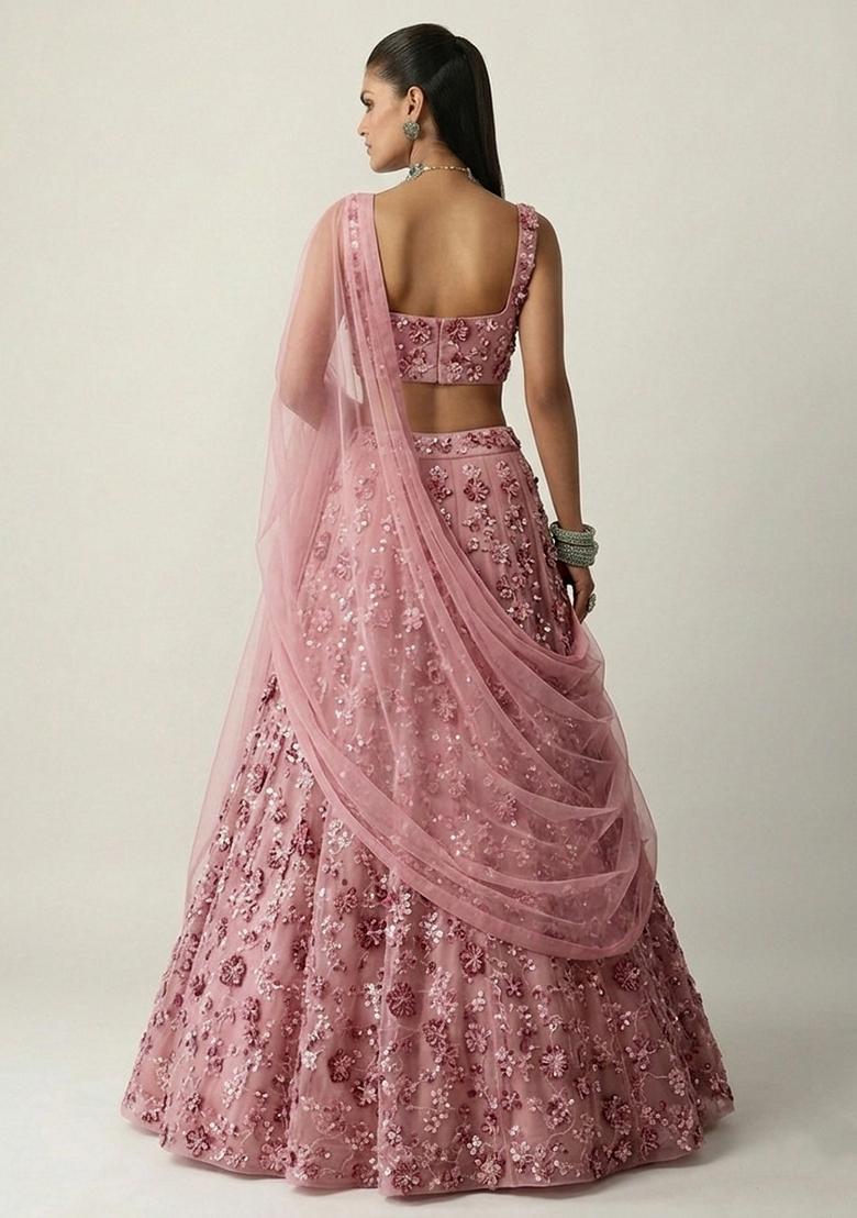 Dusty Pink Embroidered Net Lehenga Set - Indya