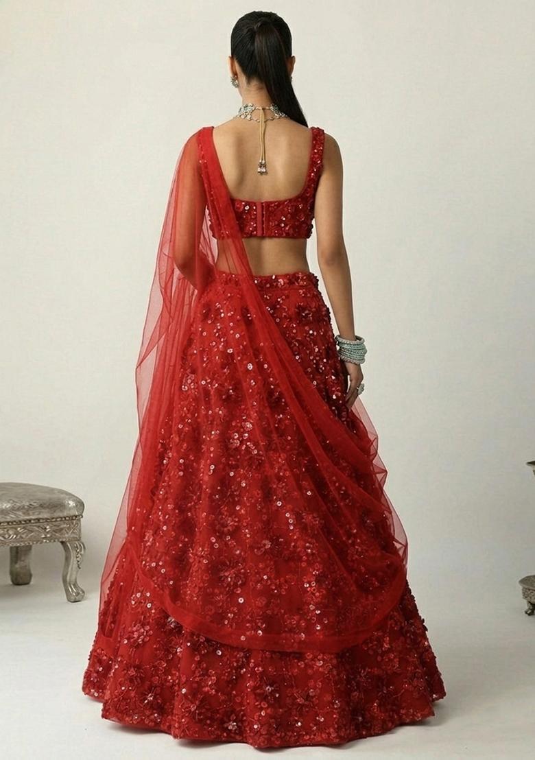Red Embroidered Net Lehenga Set - Indya