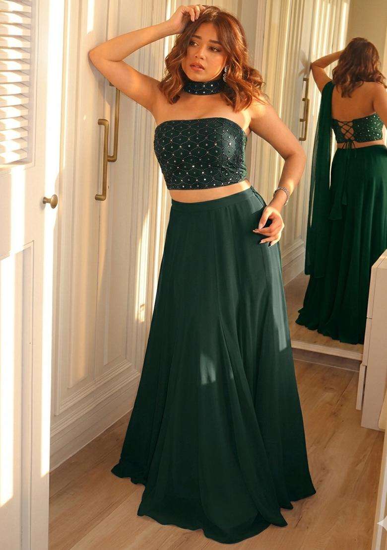 Bottle Green Embroidered Georgette Lehenga Set - Indya