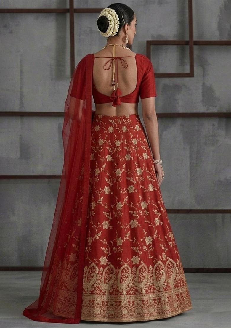 Deep Red Tissue Lehenga Set - Indya