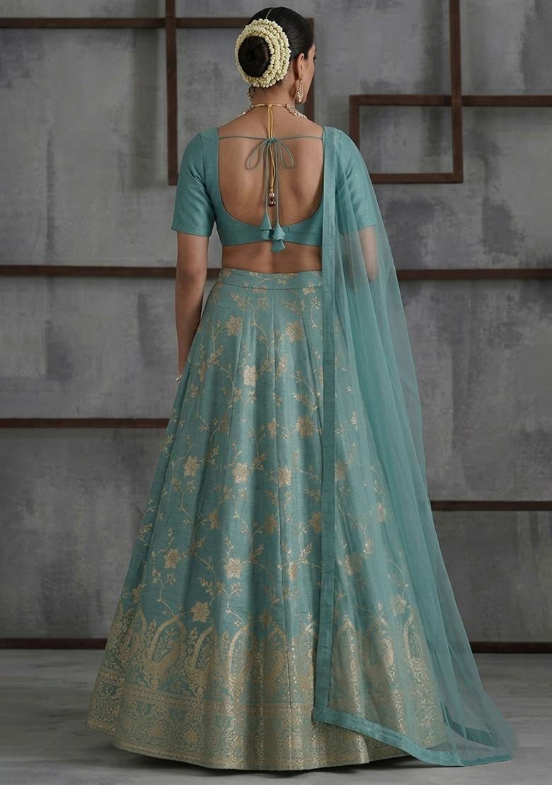 Pastel Blue Tissue Lehenga Set - Indya
