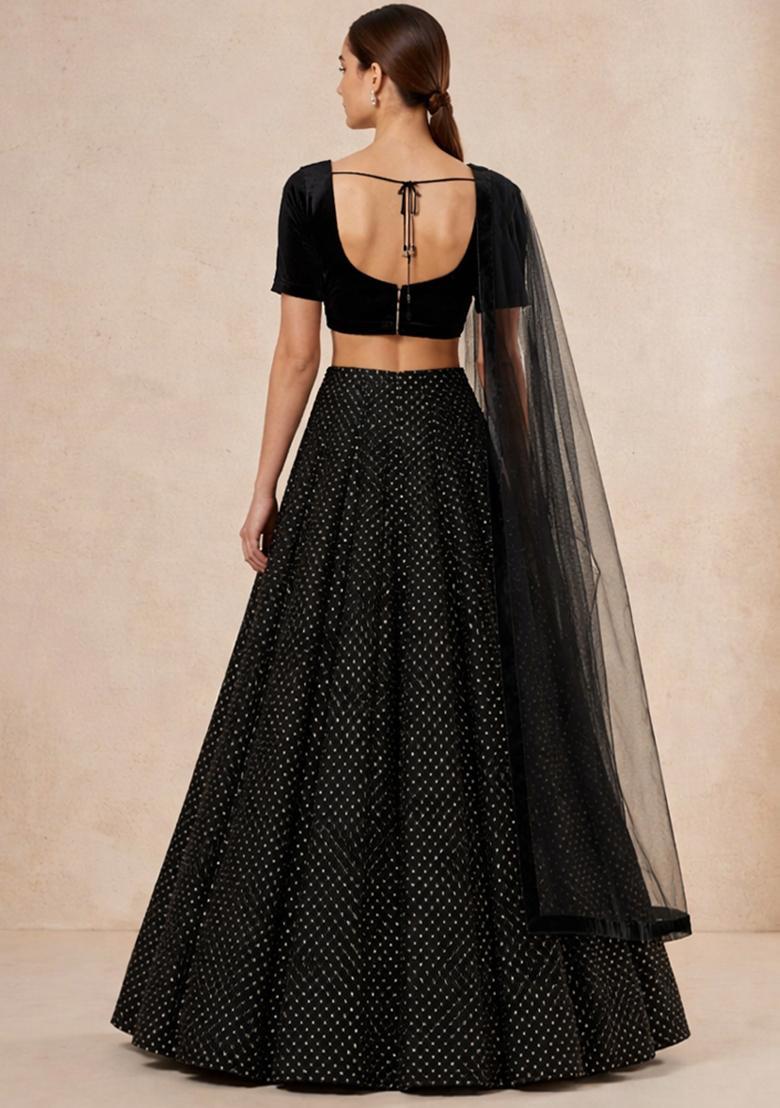 Jet Black Embroidered Velvet Lehenga Set - Indya
