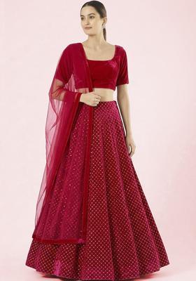 Rani Pink Embroidered Velvet Lehenga Set