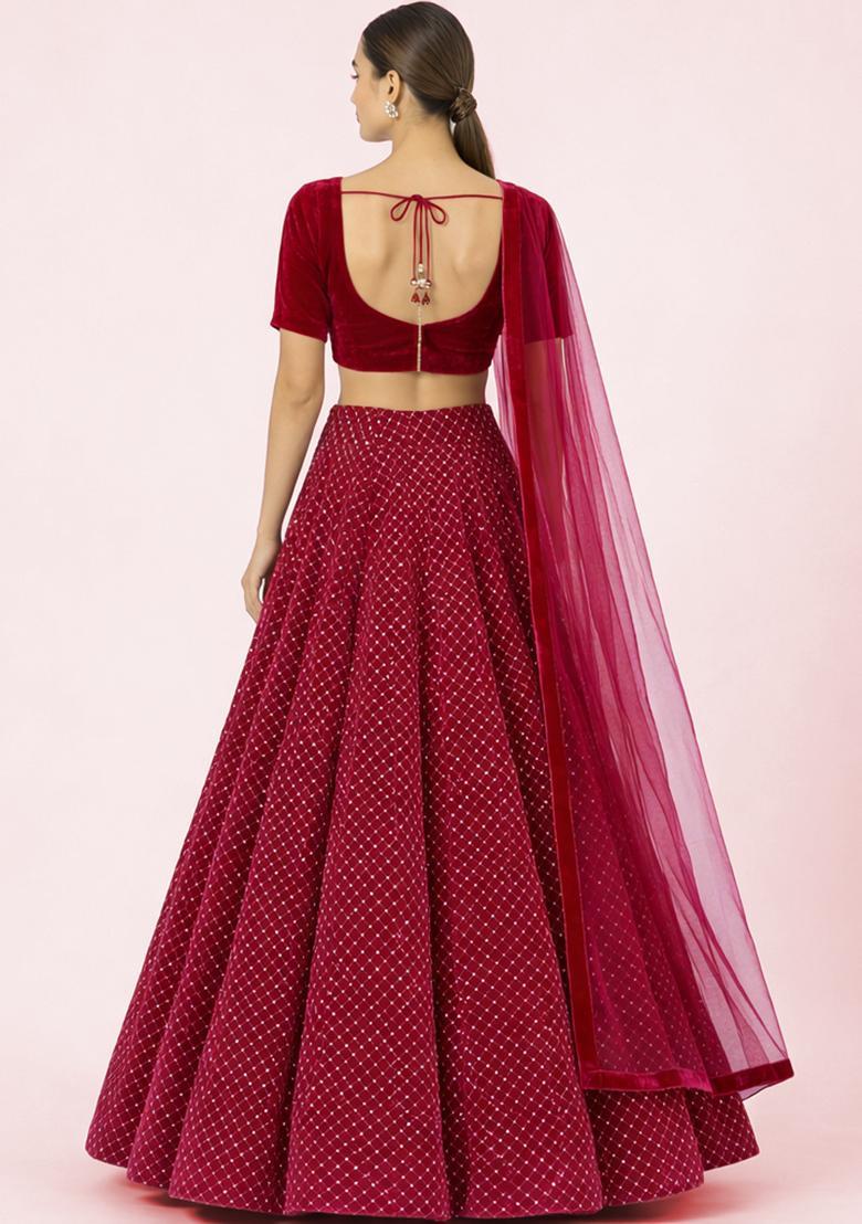 Rani Pink Embroidered Velvet Lehenga Set - Indya