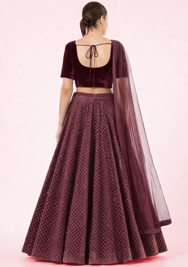 Brown Embroidered Velvet Lehenga Set - Indya