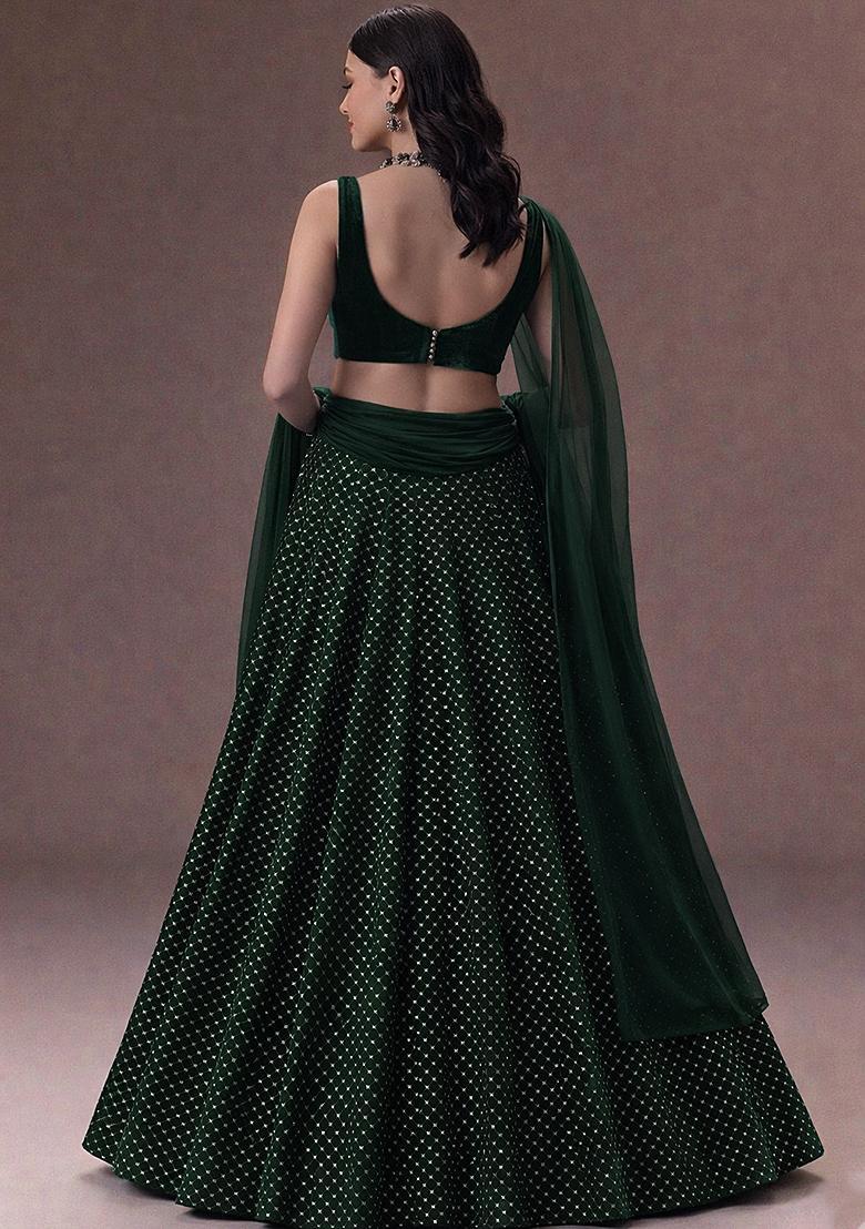 Bottle Green Embroidered Velvet Lehenga Set - Indya