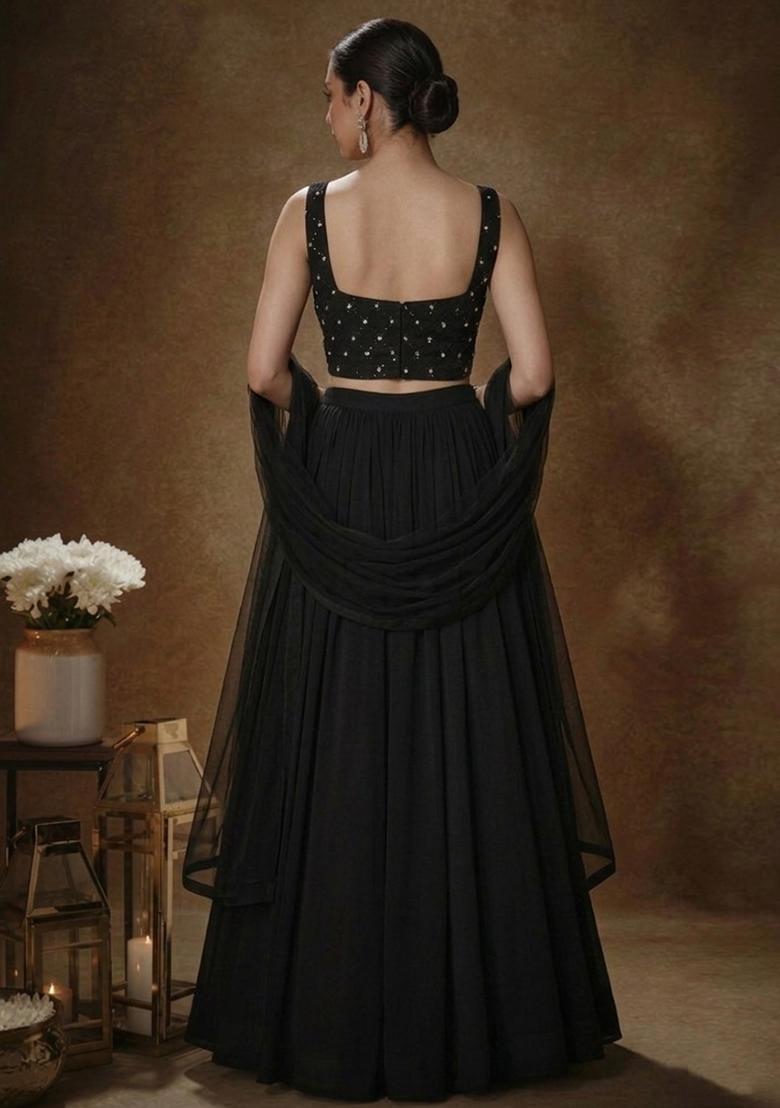 Jet Black Embroidered Georgette Lehenga Set - Indya