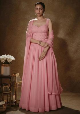 Pink Embroidered Georgette Lehenga Set