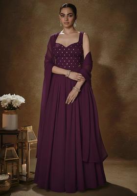 Purple Embroidered Georgette Lehenga Set
