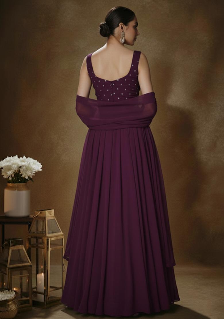 Purple Embroidered Georgette Lehenga Set - Indya