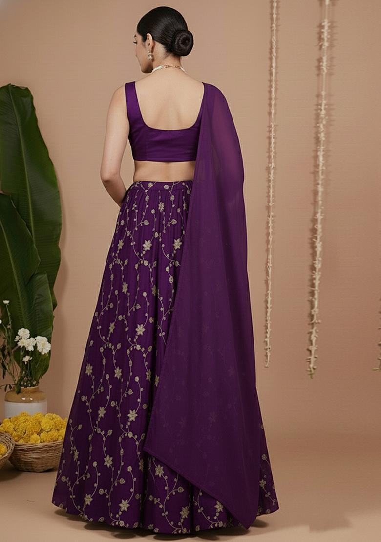 Deep Violet Sequin Crepe Lehenga Set - Indya