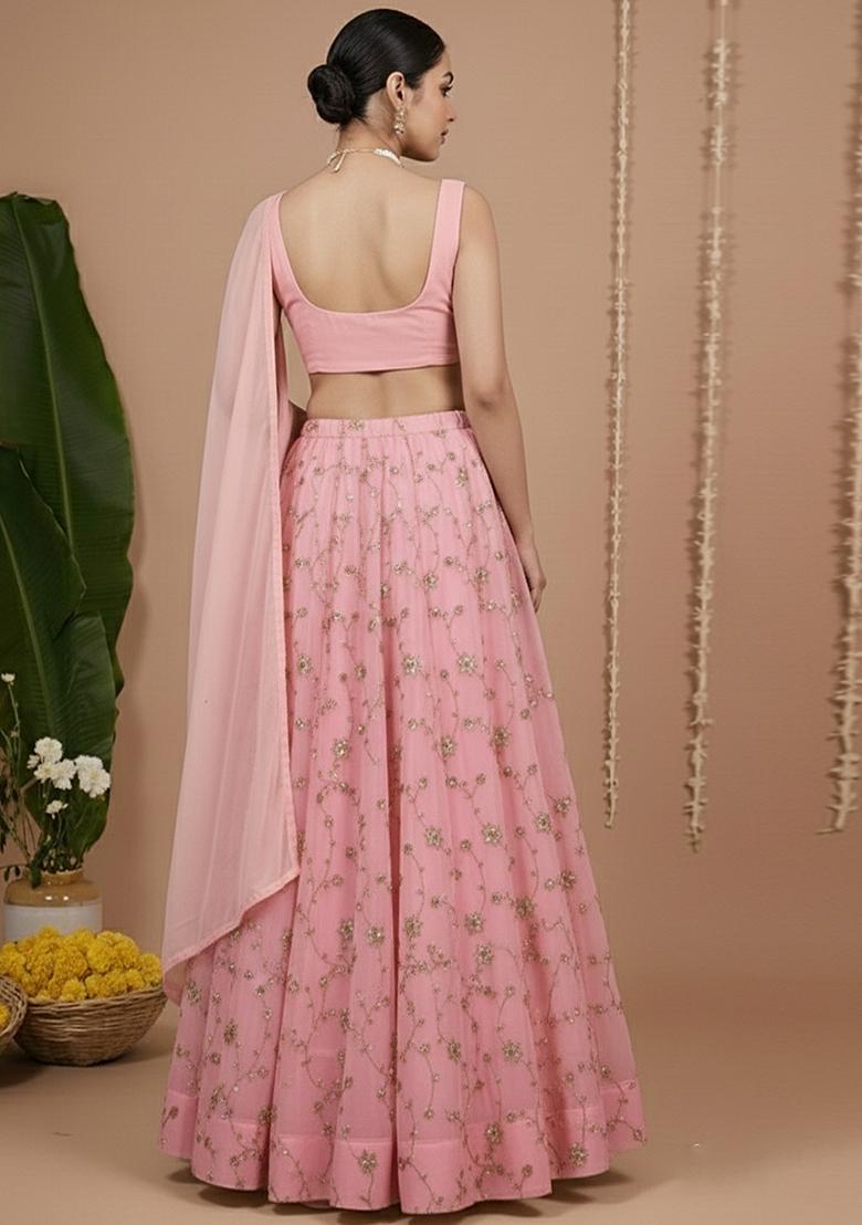 Pink Sequin Crepe Lehenga Set - Indya
