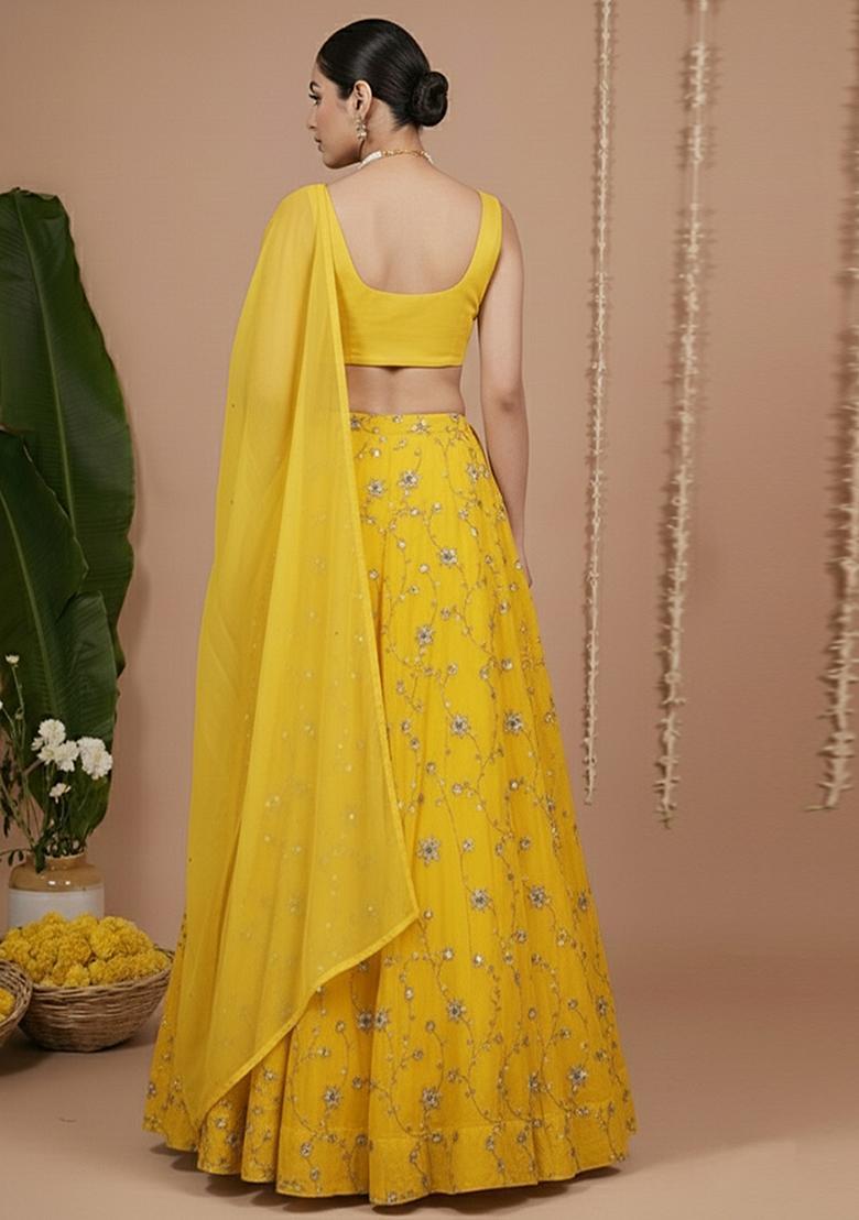 Yellow Sequin Crepe Lehenga Set - Indya