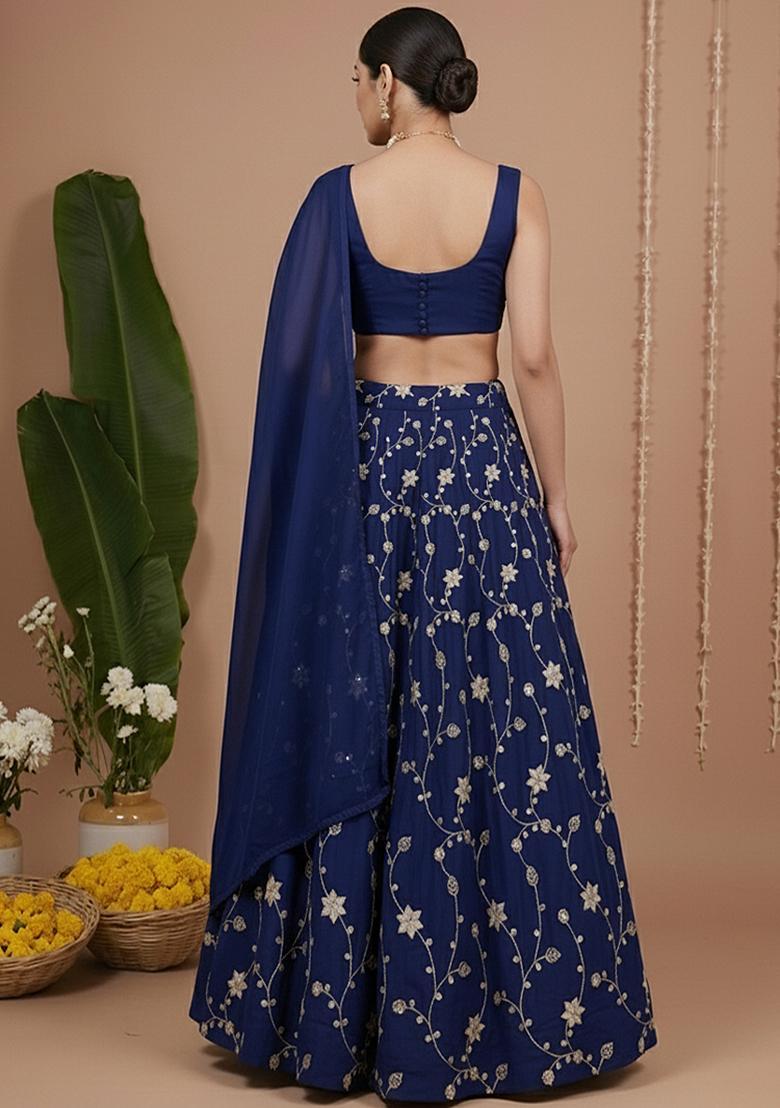 Blue Sequin Crepe Lehenga Set - Indya