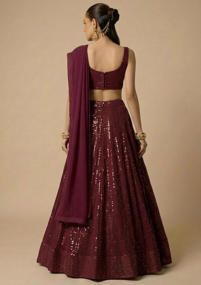 Wine Sequin Georgette Lehenga Set - Indya