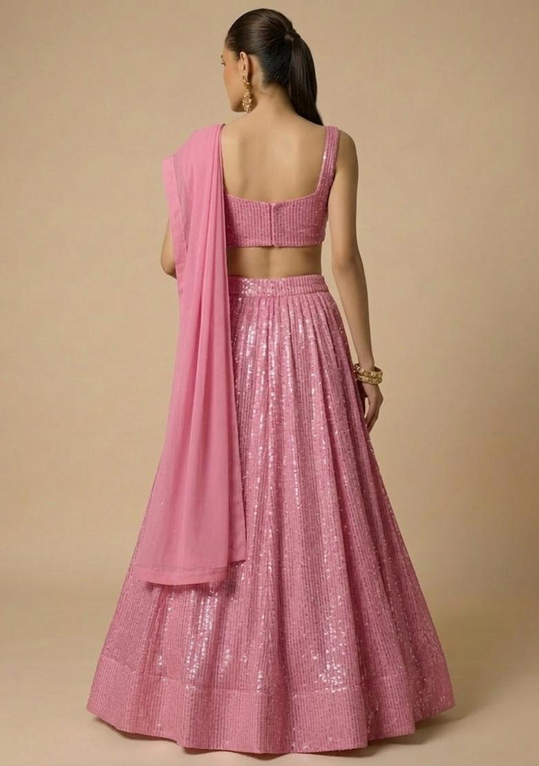 Pink Sequin Georgette Lehenga Set - Indya
