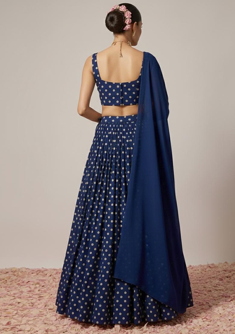 Midnight Blue Silk Blend Lehenga Set - Indya