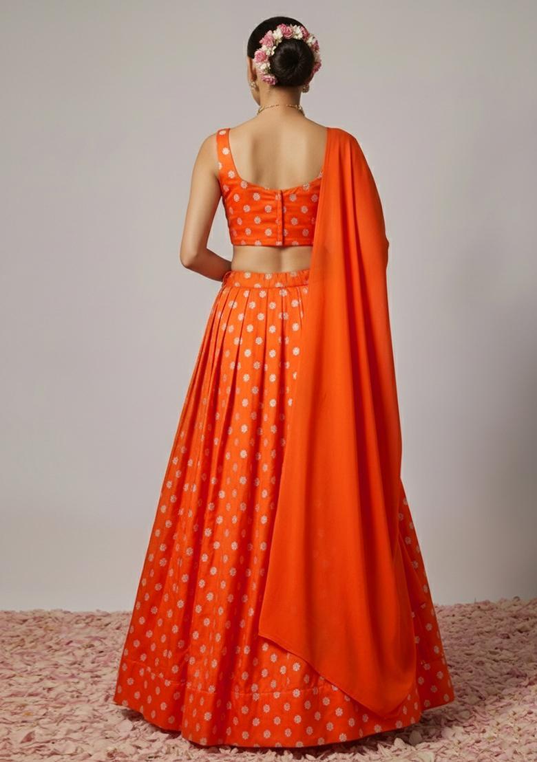 Orange Silk Blend Lehenga Set - Indya