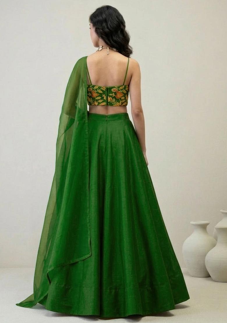 Bottle Green Embroidered Organza Lehenga Set - Indya
