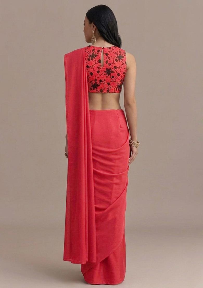 Crimson Red Embroidered Chanderi Pre Draped Saree Set - Indya