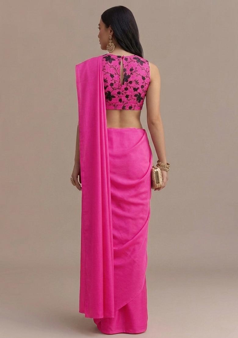 Rani Pink Embroidered Chanderi Pre Draped Saree Set - Indya